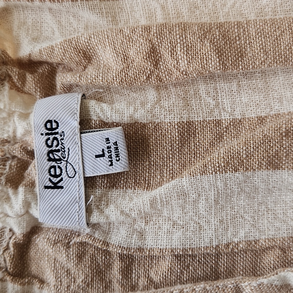 Kensie Jumpsuit Striped Cotton Linen Wide Leg Tan White Romper L - Picture 9 of 16
